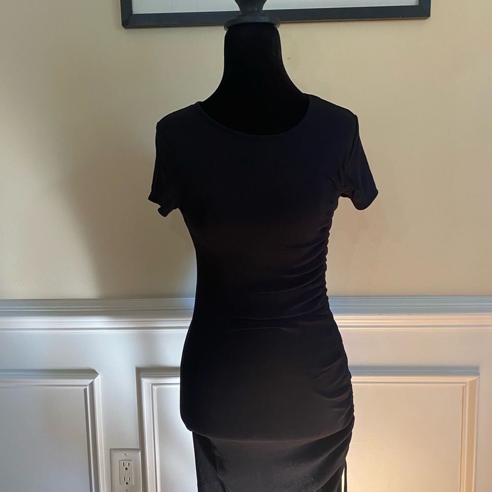H&M Divided Women's Black Short Sleeve Tie Ruched Bodycon Mini Dress Size XS